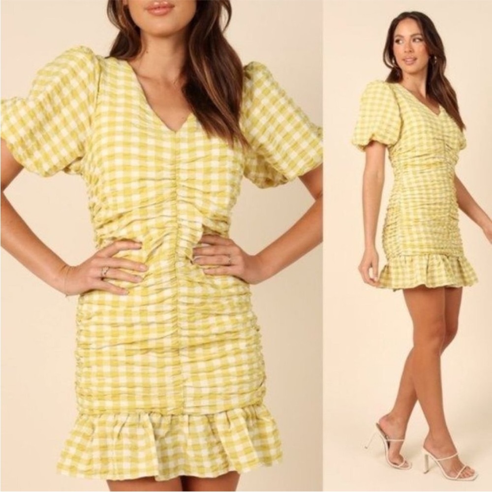Petal & Pup NEW Tenice V Neck Gingham Puff Sleeve Mini Dress Green Size L